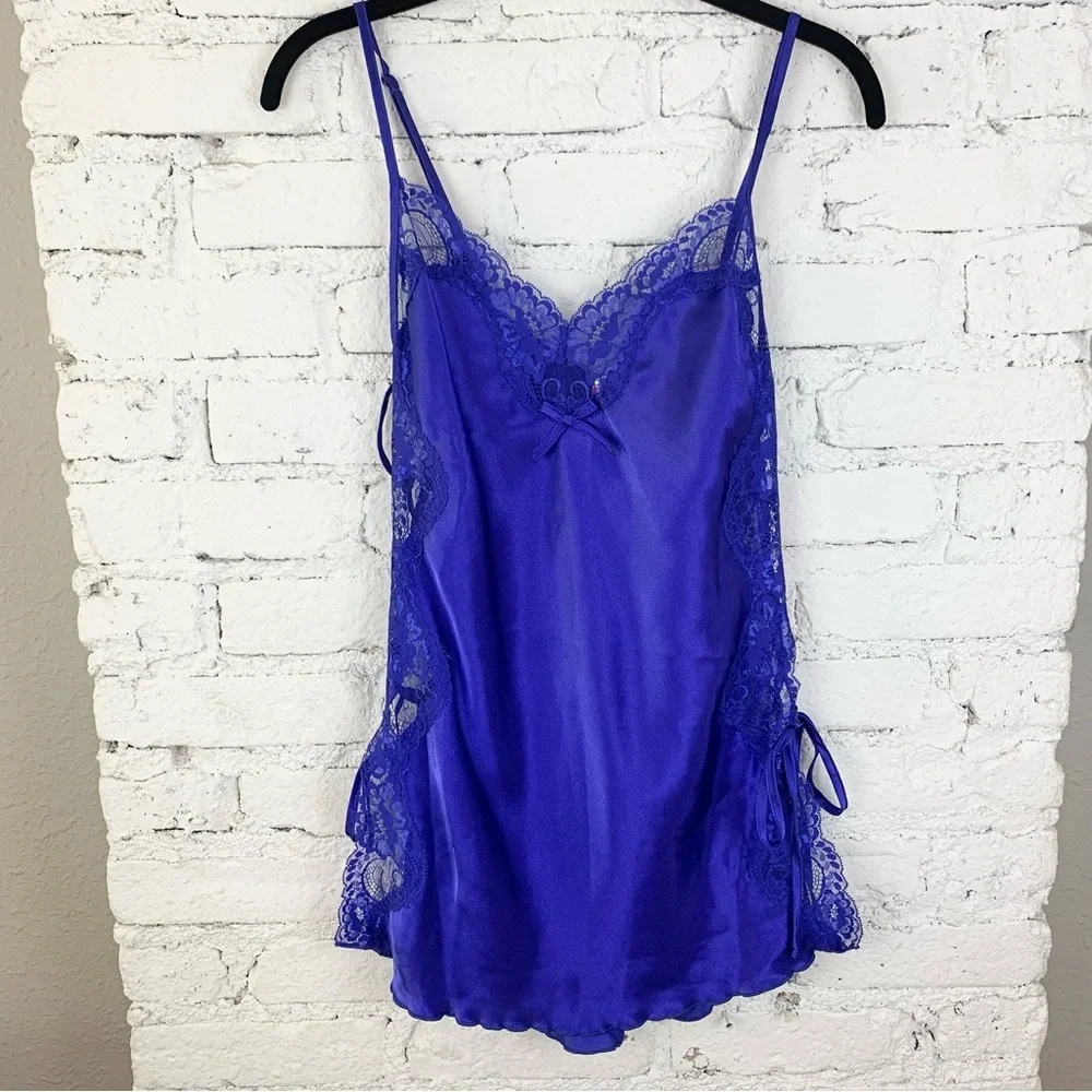 Shirley Hollywood Blue Lace Up Side Slip Nightie Vintage Small - Picture 7 of 15